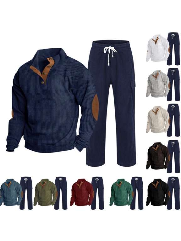 Men's Tracksuit 2 Piece Sweatsuit Set Corduroy Button Elbow Patches + Straight Leg Cargo Pants Fall Winter Athletic Mens Sweatsuits