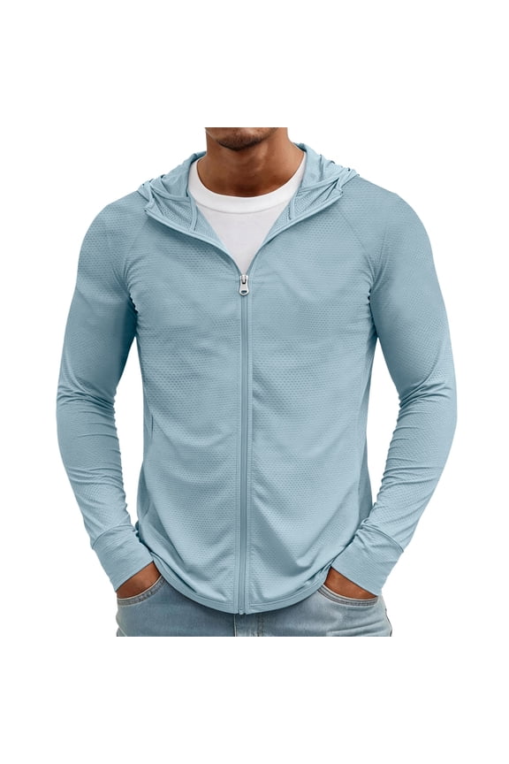 Men's UPF 50+ Sun Protection Jacket Full Zip Sun Protection Quick Dry Long Sleeve Fishing Shirt UV Protection Hoodie Zip Pockets Blue S
