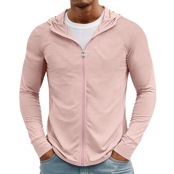 Hearthz Men's UPF50+ Outdoor Jacket Full Zip Sun Protection Quick Dry Long Sleeve Fishing Shirts for Swimming Workout Athletic Zip Pockets Pink S