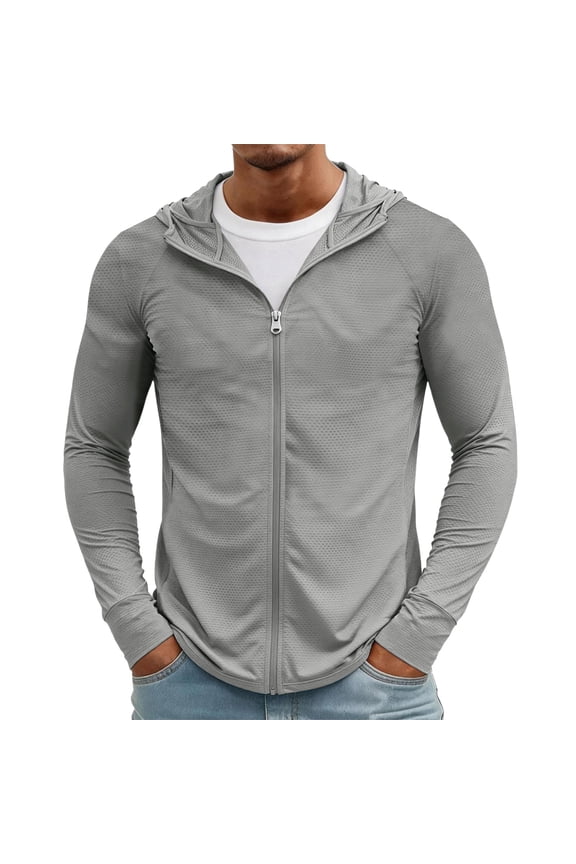 Men's UPF50+ Sun Protection Jacket Full Zip Sun Protection Quick Dry Long Sleeve Outdoor Swim Hiking Running Workout Rash Guard Zip Pockets Light Gray XL