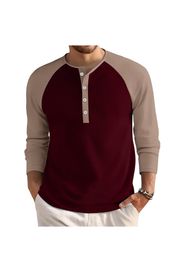 Men's Waffle Henley Shirts Color Block Crewneck Raglan Sleeve Fall Pullover Funny Shirts Henley Button Up Men Sweatshirts