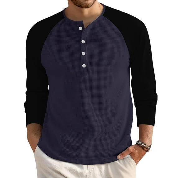 Hearthz Men's Waffle Long Sleeve Shirts Color Block Crewneck Raglan Sleeve Fall Pullover Men Shirts Henley Button Up Sweatshirts for Men