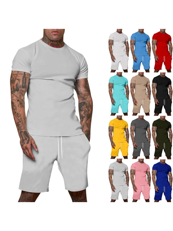 Mens 2 Piece Outfits Short Sets Casual Summer Short Sleeve Sweatsuits Sets Casual Beach Shorts Sets Red L