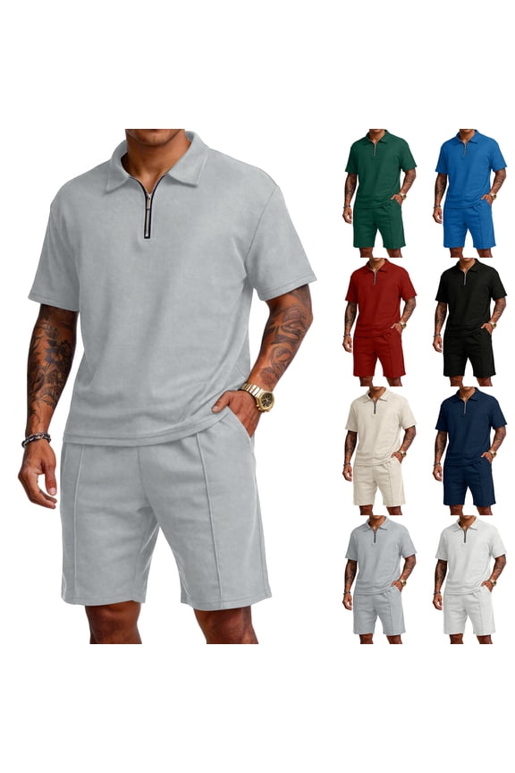 Mens 2 Piece Outfits Short Sets Quarter Zip Shirt and Shorts Set Men's Short Sleeve Tracksuit Navy L