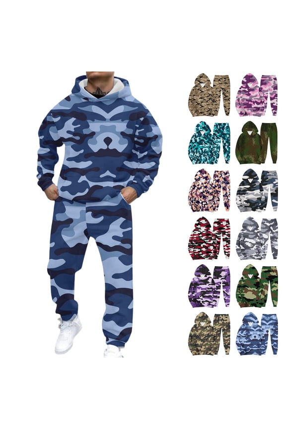 Mens 2 Piece Sweatsuits Sets Camouflage Fleece Hoodie Jacket Sweatsuits Cargo Pants Winter Big and Tall Sweatsuits