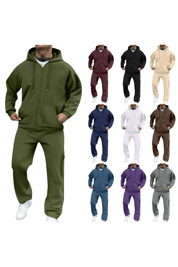 Mens 2 Piece Sweatsuits Sets Winter Fleece Zip Hoodie Jacket Sweatsuits Cargo Pants Drawstring Elastic Waisted Straight Leg Mens Sweatsuits with Pocket