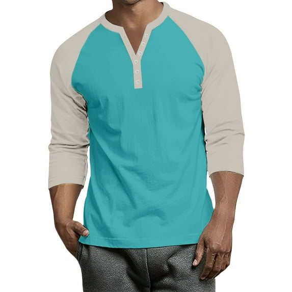 Hearthz Mens 3/4 Raglan Sleeve Tshirts Henley Neck Baseball Jersey Colorblock Dressy Tops for Men Fall Mens Tshirts