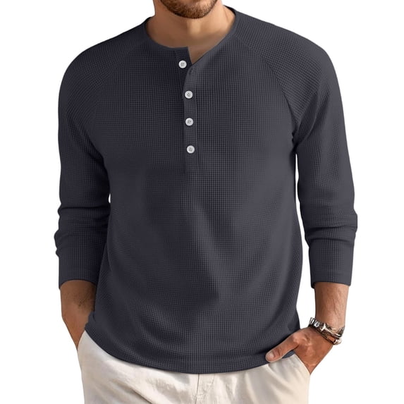Hearthz Mens Button Up Shirts Long Sleeve Waffle Knit Henley Mens Shirts Casual Crewneck Fall Pullover Sweatshirts for Men