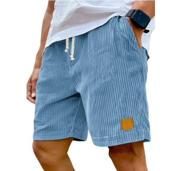 Hearthz Mens Corduroy Shorts Casual Elastic Waist Drawstring Lightweight Summer Beach Mens Work Shorts with Pocket Sky Blue ,M
