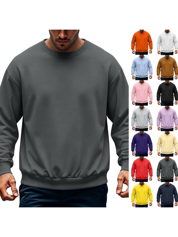 Mens Crewneck Sweatshirts Solid Color Oversized Mens Fleece Pullover Fall Winter Drop Shoulder Long Sleeve Cotton Shirts for Men Yellow M