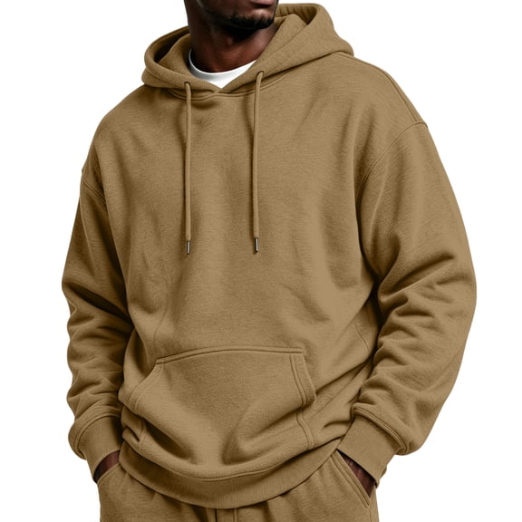 Hearthz Mens Fleece Hoodie Light Brown Long Sleeve Drop Shoulder Men Sweatshirts Winter Warm Oversized Y2k Trendy Streetwear Mens Hoodie Sweatshirt
