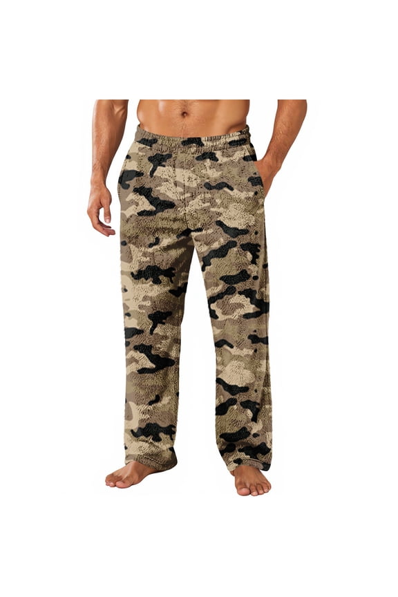 Mens Fleece Pajama Bottoms Camouflage Pj Pants for Men Winter Warm Plush Fluffy Mens Sleep Pants with Pockets
