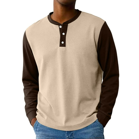 Hearthz Mens Henley Long Sleeve T-Shirt Fall 3-Button Color Block Men Shirts Crew Neck Sports Baseball Jerseys T Shirts