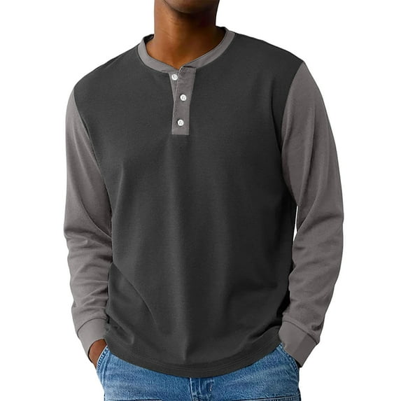 Hearthz Mens Henley T-Shirts Long Sleeve Fall 3-Button Color Block Men's Shirts Round Neck Jersey Baseball Tee Shirt