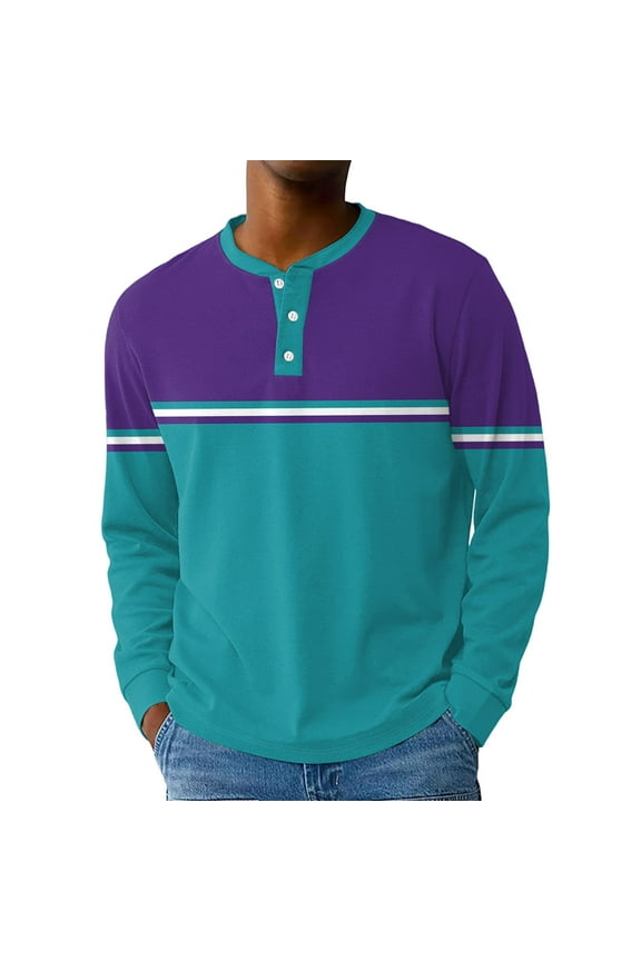 Mens Henley T-Shirts Long Sleeve Fall 3-Button Color Block Mens Compression Shirt Crewneck Baseball Jersey Men