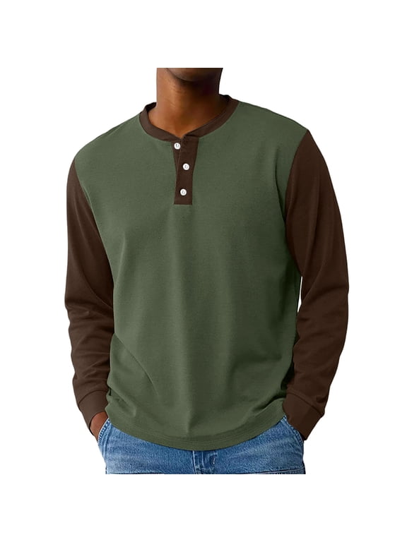 Mens Henley T-Shirts Long Sleeve Fall 3-Button Color Block Mens Tshirts O Neck Jersey Baseball Tee Shirt