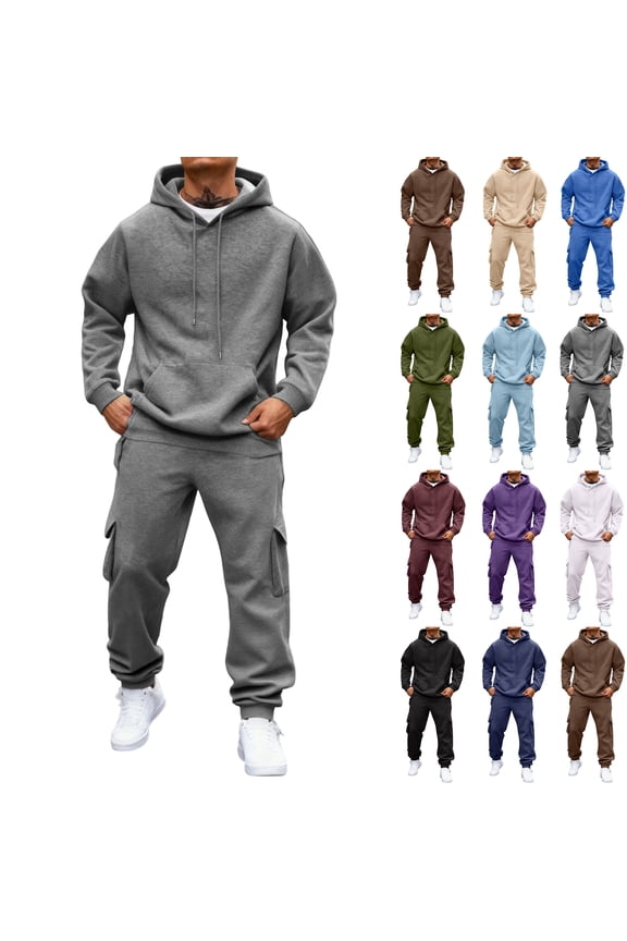 Mens Jogging Suits 2 Piece Set Drawstring Fleece Jogging Suit Hooded Set Winter Sweatsuit for Men