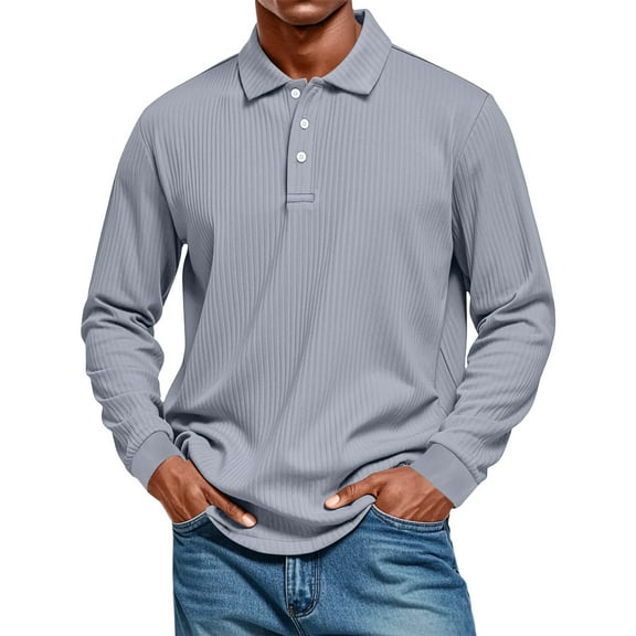 Hearthz Mens Long Sleeve Polo Shirts Knit Classic Casual Button Men's Polo Shirts Lightweight Collared Men's Pullover
