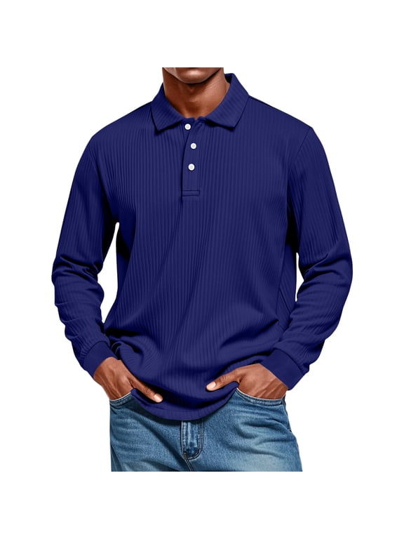 Mens Long Sleeve Polo Shirts Knit Classic Casual Button Men's Polo Shirts Lightweight Collared Pullovers for Men