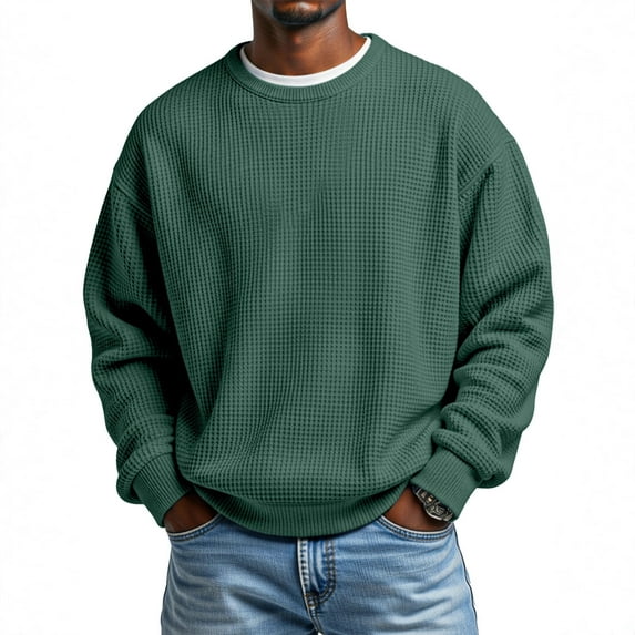 Hearthz Mens Long Sleeve Shirts Crewneck Waffle Knit Men's Sweatshirts Casual Loose Athletic Warm Knitted Sweaters Pullover