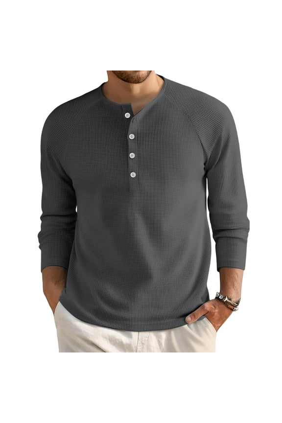 Mens Long Sleeve Tee Shirts Waffle Knit Henley Tshirts Shirts for Men Crewneck Fall Pullover Men Sweatshirts