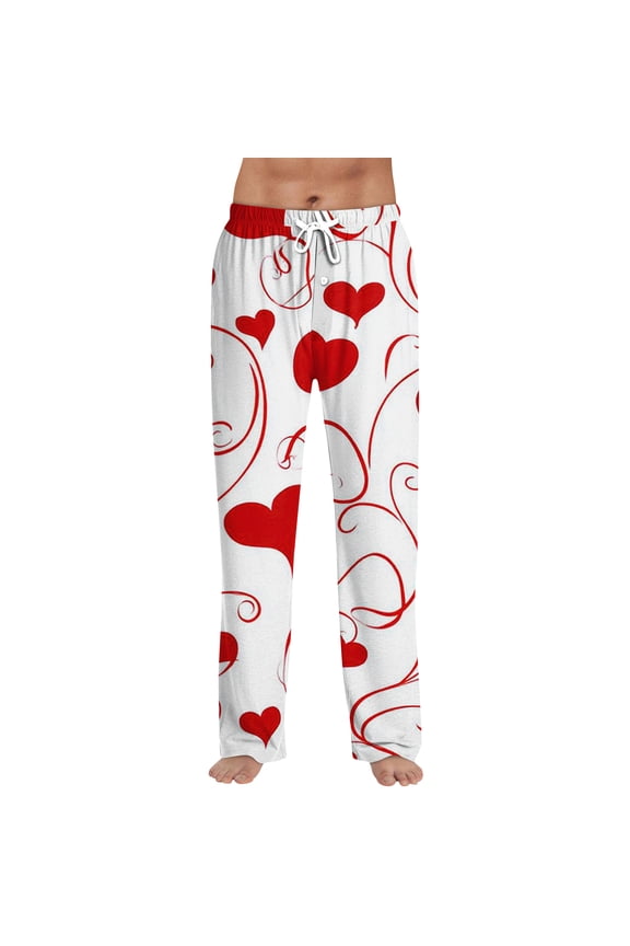 Mens Pajama Pants Valentines Men's Pajama Pants Love Heart Print Drawstring Wide Leg Mens Lounging Pants with Pocket