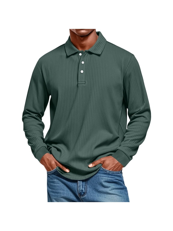 Mens Polo Long Sleeve Shirts Knit Classic Casual Button Men Polo Shirts Lightweight Collared Men Pullover