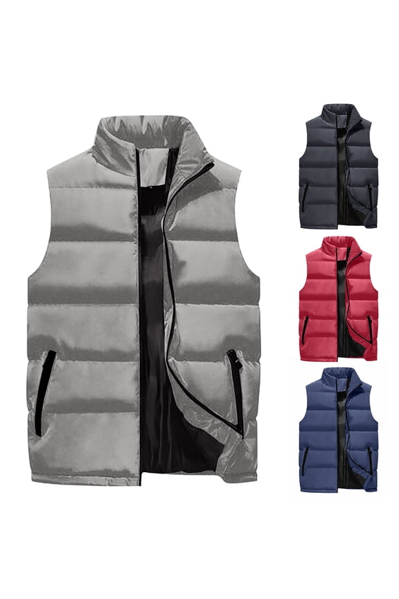 Mens Puffer Vest Flannel Sleeveless Stand Collar Men's Jacket Full Zipper Winter Warm Vest for Men Outerwear with Pocket