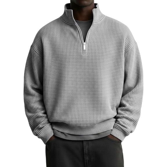 Hearthz Mens Quarter Zip Pullover Waffle Knit Men’s Long Sleeve Shirts Casual Loose Athletic Mock Neck Knitted Sweaters Pullover