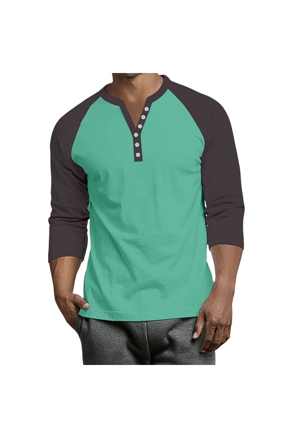 Mens Raglan Shirts 3/4 Sleeve Plus Size Henley Neck Baseball Jersey Contrast Tops for Men Trendy Fall Oversized Tshirts for Men