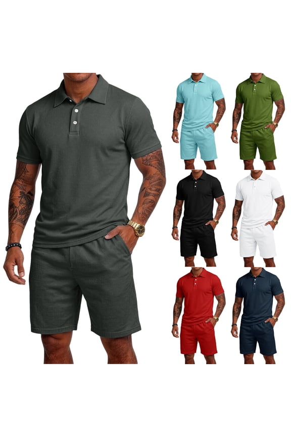 Mens Short Sets 2 Piece Outfits Casual Summer Short Sleeve Sweatsuits Sets Summer Vacation Outfits for Men Dark Gray L