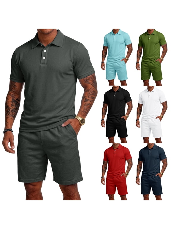 Mens Short Sets 2 Piece Outfits Causal Men's Shirt and Shorts Set 2 Piece Men's Short Sleeve Tracksuit Light Blue XL