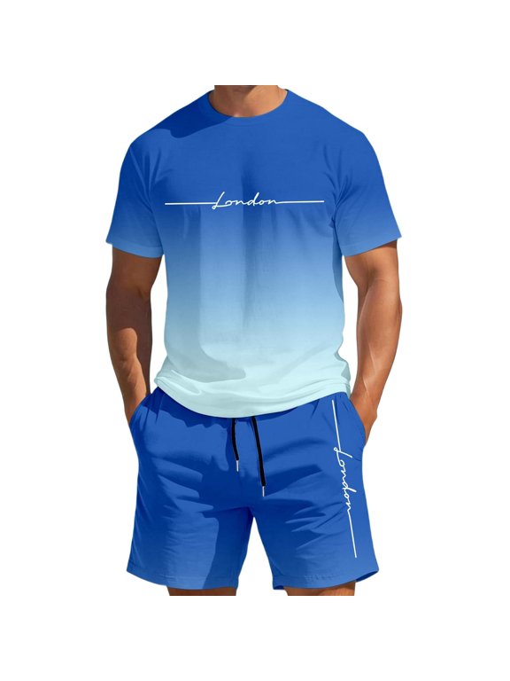 Mens Short Sets 2 Piece Outfits Gradient Men's Shirt and Shorts Set Athletic Casual Beach Outfit Two Piece Summer Set