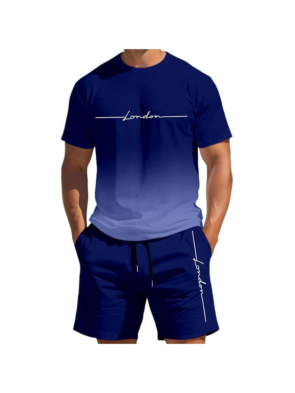 Mens Short Sets 2 Piece Outfits Gradient Men's Short Sleeve T-Shirt & Shorts Set Athletic Casual Track Shorts Set