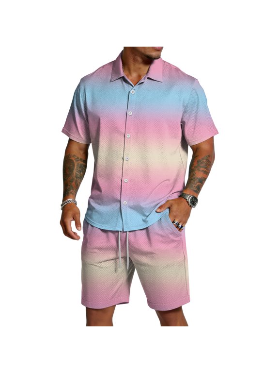 Mens Short Sets 2 Piece Outfits Gradient Print Short Sleeve Button Down Shirt and Shorts Set Summer Tracksuit with Pockets