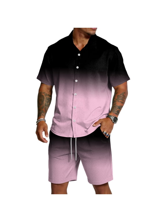 Mens Short Sets 2 Piece Outfits Gradient Print Short Sleeve Shirts and Shorts Summer Casual Tracksuit with Pockets
