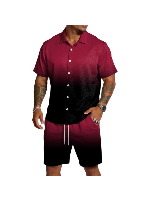 Mens Short Sets 2 Piece Outfits Gradient Print Short Sleeve Shirts and Shorts Summer Tracksuit with Pockets