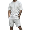 thumbnail image 1 of Hearthz Mens Short Sets 2 Piece Outfits Waffle Knit Men's Shirt and Shorts Set Athletic Short Sleeve Summer Tracksuits Casual Set Light Gray XL, 1 of 5