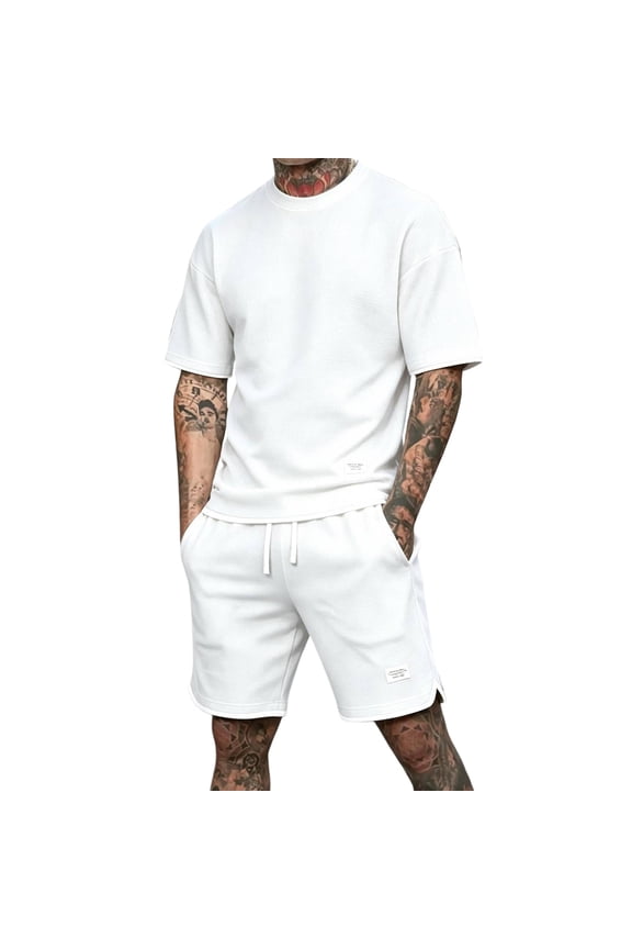 Mens Short Sets 2 Piece Outfits Waffle Knit Men's Short Sleeve T-Shirt & Shorts Set Athletic Casual Athletic Tracksuit for Summer White XL