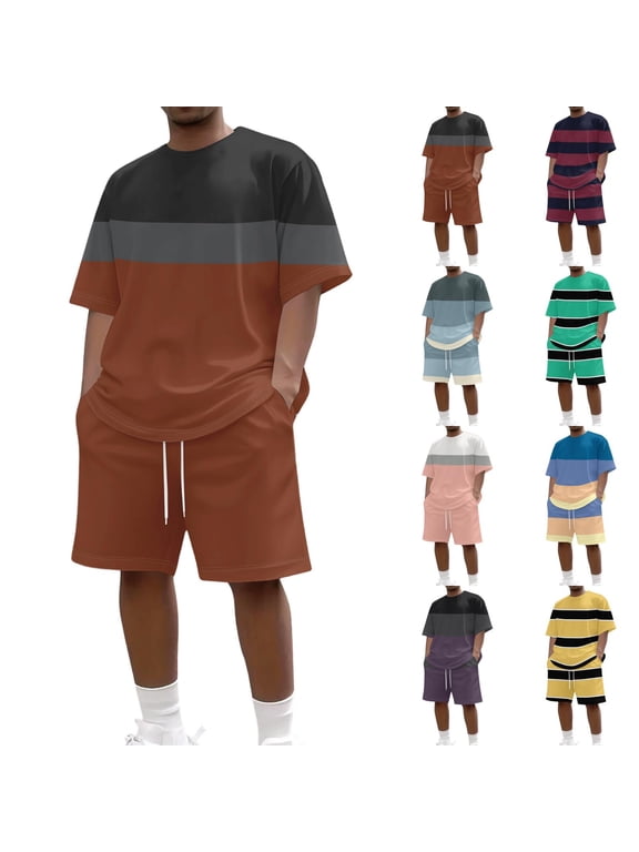Mens Summer Track Suits 2 Piece Color Block Summer Men's Short Sleeve T-Shirt & Shorts Set Workout Men's Tracksuit 2 Piece Sweatsuit Set