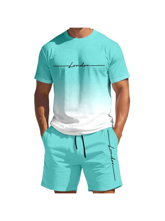 Mens Summer Track Suits 2 Piece Gradient Men's Short Sleeve T-Shirt & Shorts Set Workout 2 Piece Fashion Summer Tracksuits