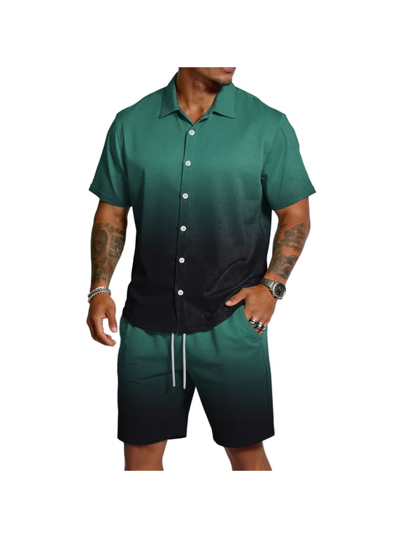 Mens Summer Track Suits 2 Piece Shorts Sets Gradient Print Short Sleeve Shirts and Shorts Summer Vacation Outfits for Men with Pockets