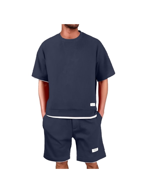 Mens Summer Track Suits 2 Piece Waffle Knit Men's Short Sleeve T-Shirt & Shorts Set Workout Casual Athletic Tracksuit for Summer Navy 4XL
