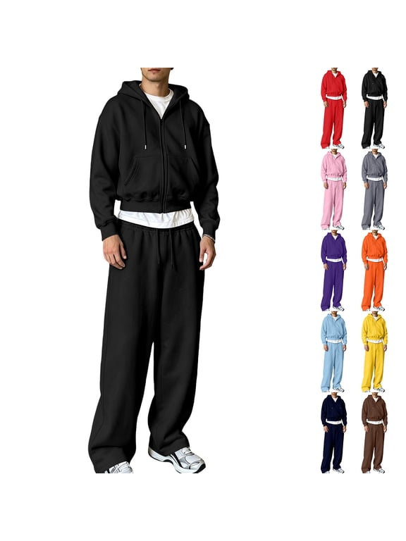 Mens Sweatsuits 2 Piece Set Full Zip Hoodie Jacket Sweatsuits Pants Fall Winter Athletic Sweatshirt and Joggers Set Black L