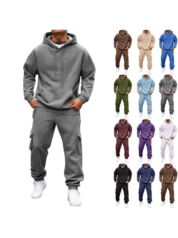 Mens Track Suits 2 Piece Set Drawstring Fleece Athletic Jacket and Cargo Sweatpants Winter Men Sweatsuits
