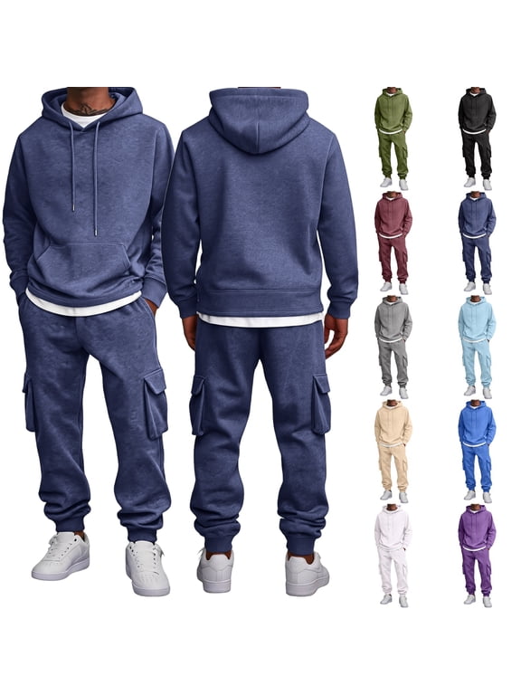 Mens Track Suits 2 Piece Set Drawstring Solid Color Hoodies and Cargo Sweatpants Set Fall Winter Big and Tall Mens Sweatsuits Black M