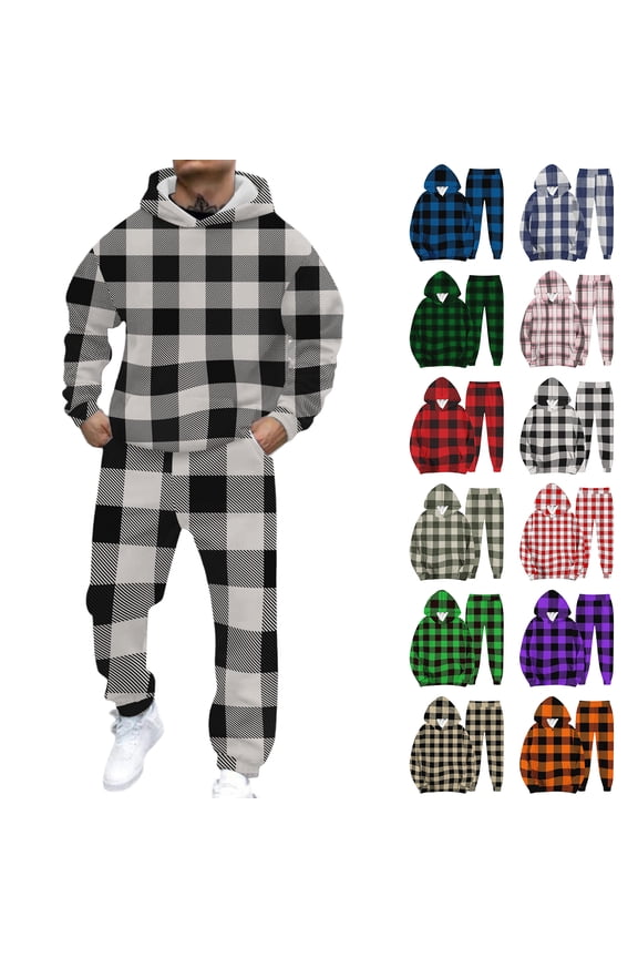Mens Track Suits 2 Piece Set Plaid Fleece Jogging Suit Hooded Set Winter Mens Sweat Suits