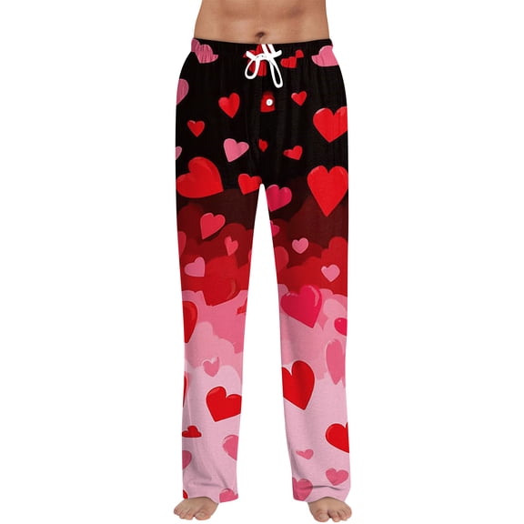 Hearthz Mens Valentine Pj Pants Mens Sleeping Pants Love Heart Print Drawstring Straight Leg Men's Lounge Pants with Pocket