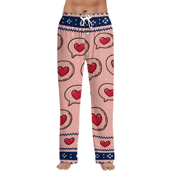 Hearthz Mens Valentine Pj Pants Sleep Pants for Men Love Heart Graphic Drawstring Straight Leg Loose Lounge Homewear with Pocket