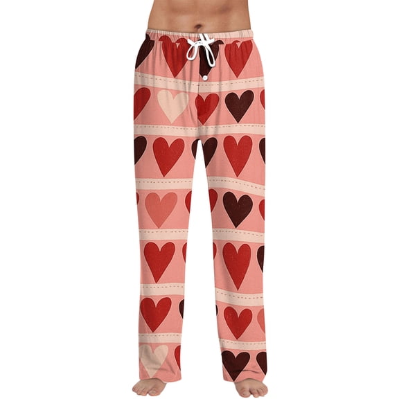 Hearthz Mens Valentines Pajamas Pants Men's Pajama Pants Heart Print Drawstring Wide Leg Lounge Pants Men with Pocket